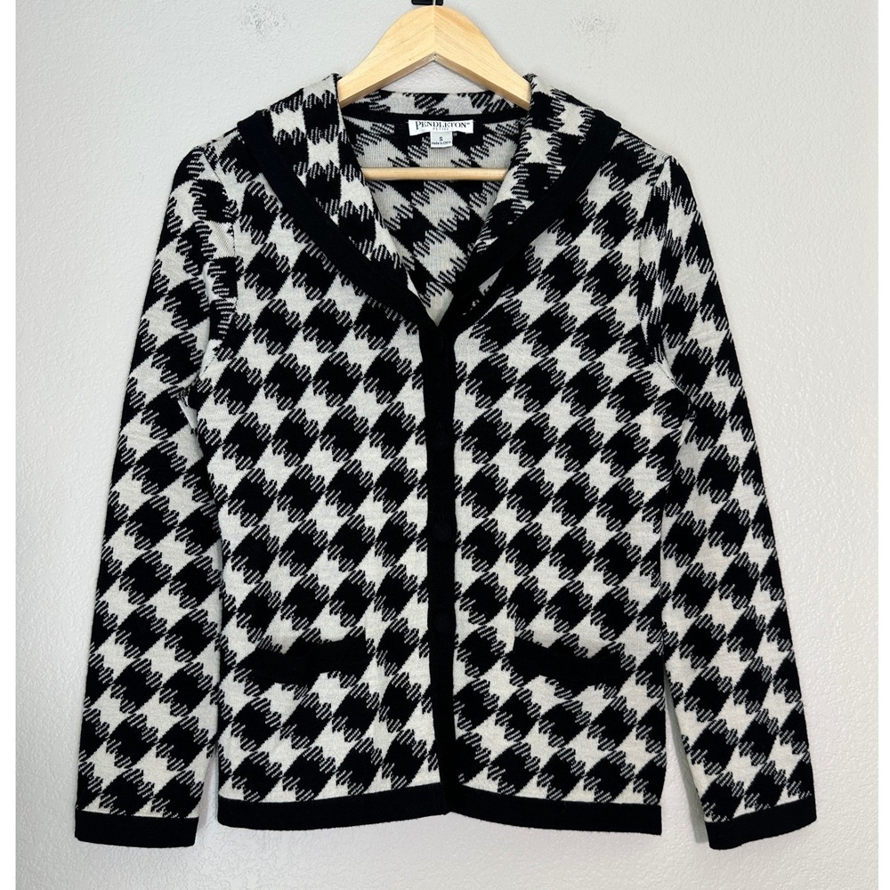 Pendleton Cardigan 100% Merino Wool Houndstooth Petite Small Preppy Career Retro